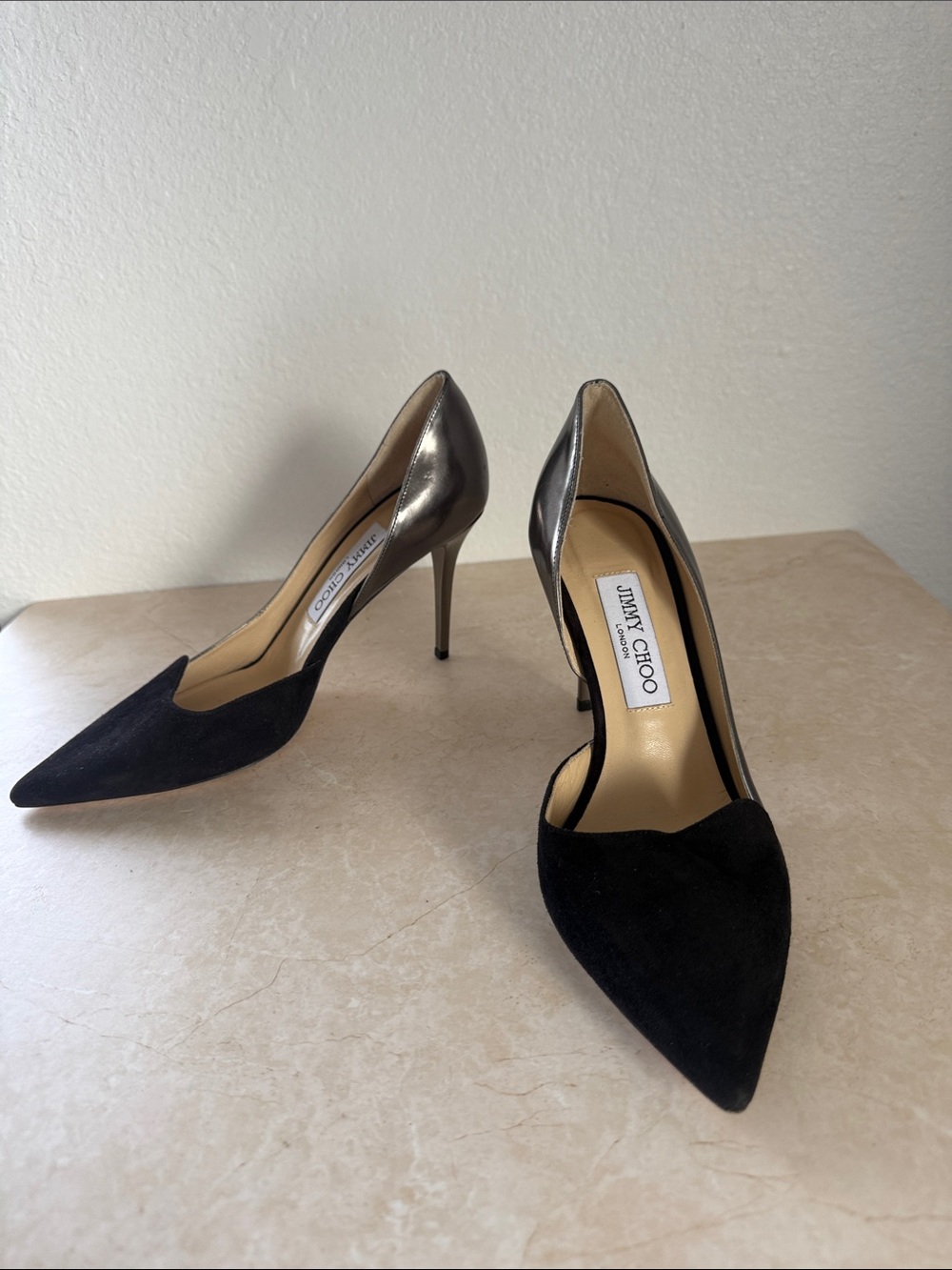Jimmy Choo Black Suede and Metallic Leather Pointed-Toe Pumps
